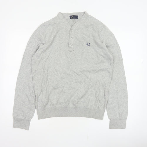 Fred Perry Men Grey M Cotton Logo Henley High Neck Jumper