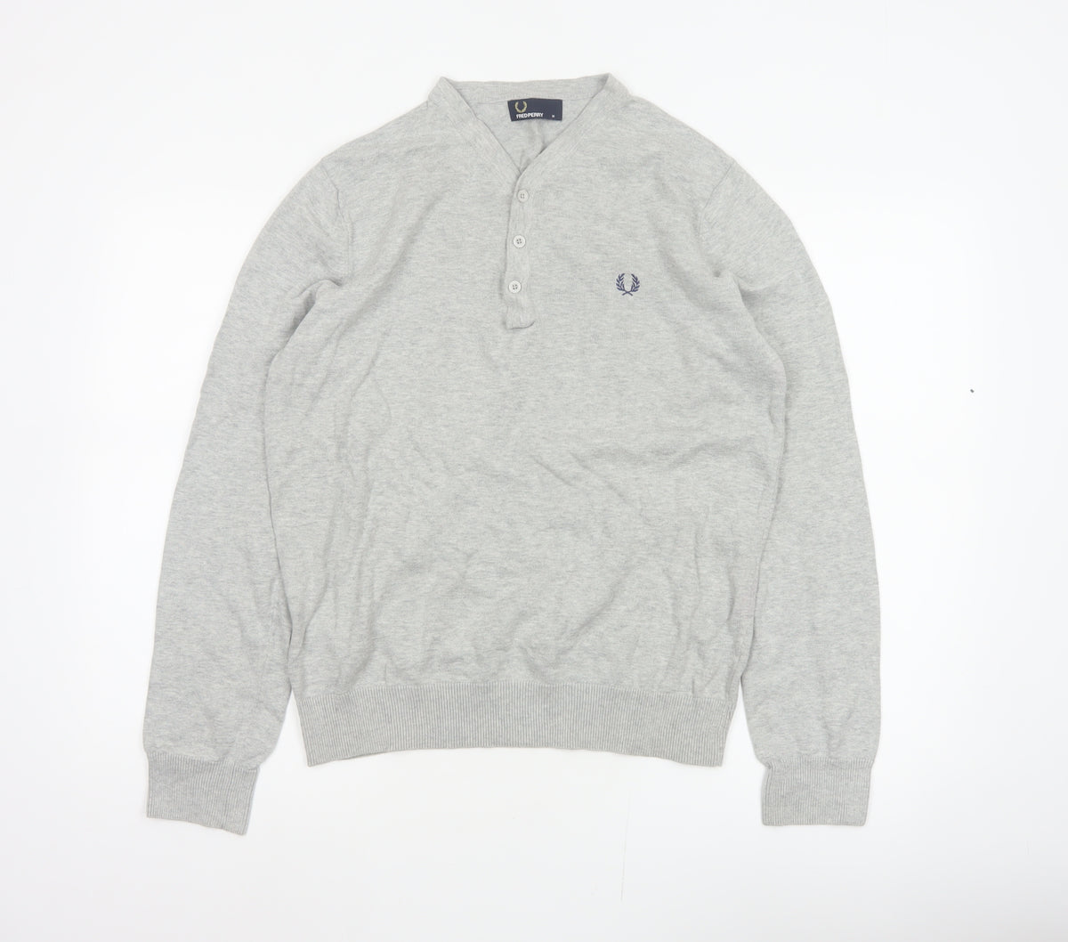 Fred Perry Men Grey M Cotton Logo Henley High Neck Jumper