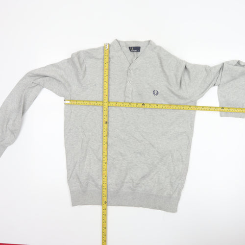 Fred Perry Men Grey M Cotton Logo Henley High Neck Jumper