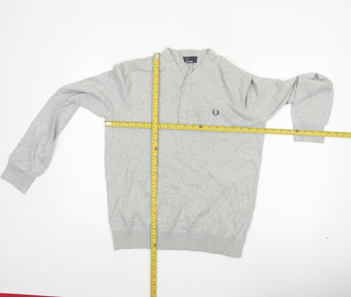 Fred Perry Men Grey M Cotton Logo Henley High Neck Jumper