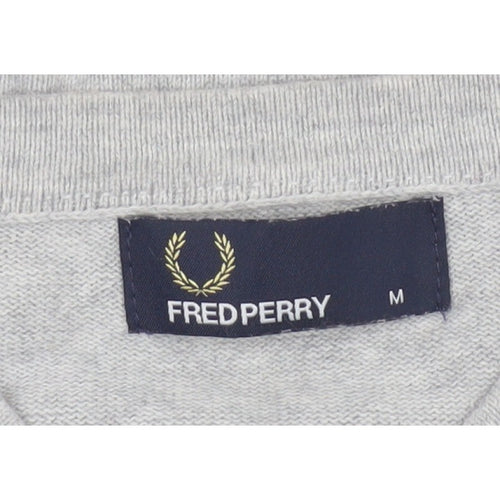 Fred Perry Men Grey M Cotton Logo Henley High Neck Jumper