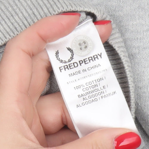 Fred Perry Men Grey M Cotton Logo Henley High Neck Jumper