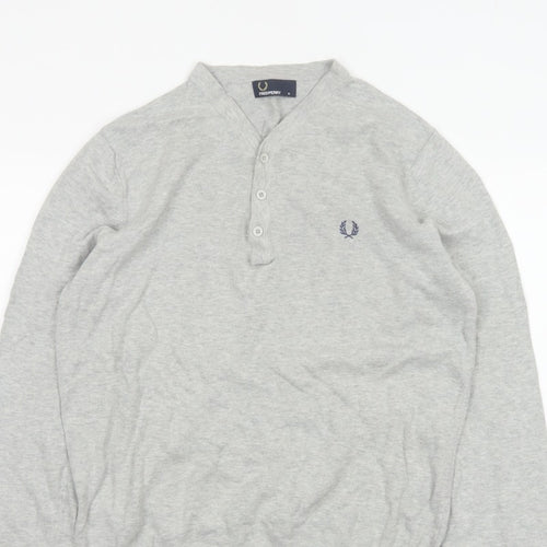 Fred Perry Men Grey M Cotton Logo Henley High Neck Jumper