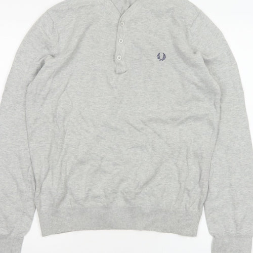 Fred Perry Men Grey M Cotton Logo Henley High Neck Jumper