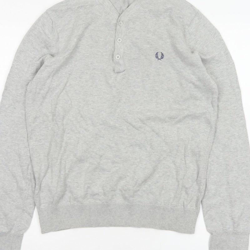 Fred Perry Men Grey M Cotton Logo Henley High Neck Jumper