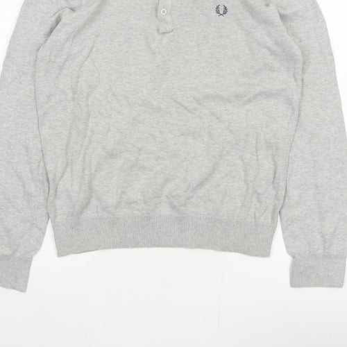 Fred Perry Men Grey M Cotton Logo Henley High Neck Jumper