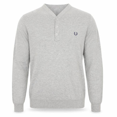 Fred Perry Men Grey M Cotton Logo Henley High Neck Jumper