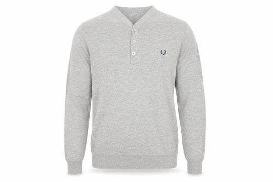 Fred Perry Men Grey M Cotton Logo Henley High Neck Jumper
