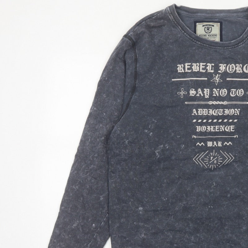 Flying Machine Men Grey XL Pullover Graphic Print Crew Neck Sweatshirt