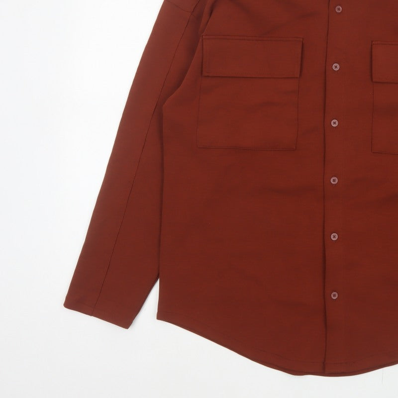 Zara Women Brown S Basic Button-Up Long Sleeve Stretch Pocket Shirt