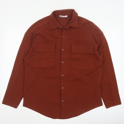 Zara Women Brown S Basic Button-Up Long Sleeve Stretch Pocket Shirt