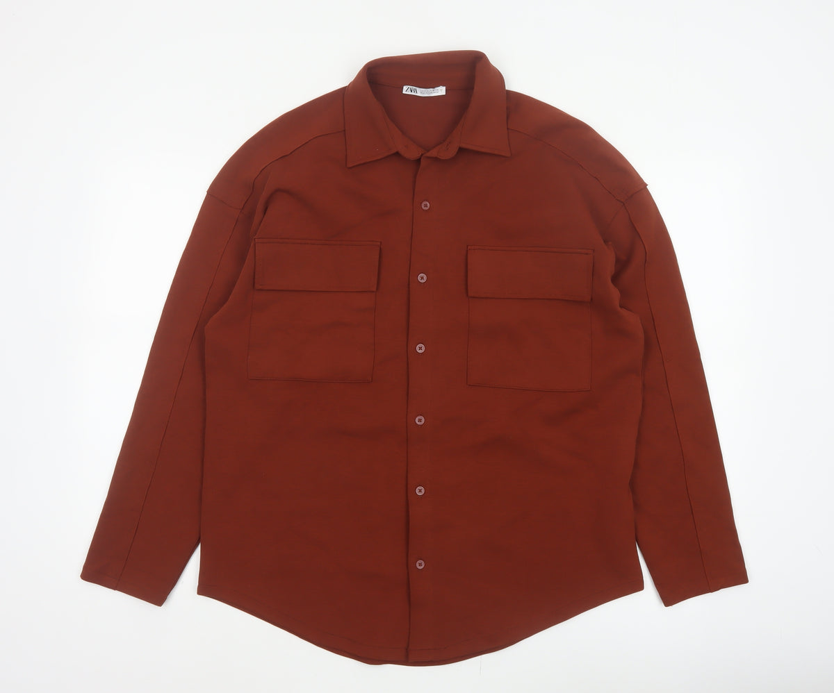 Zara Women Brown S Basic Button-Up Long Sleeve Stretch Pocket Shirt