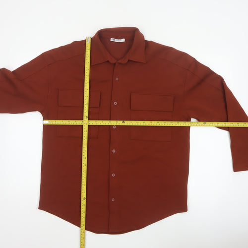 Zara Women Brown S Basic Button-Up Long Sleeve Stretch Pocket Shirt