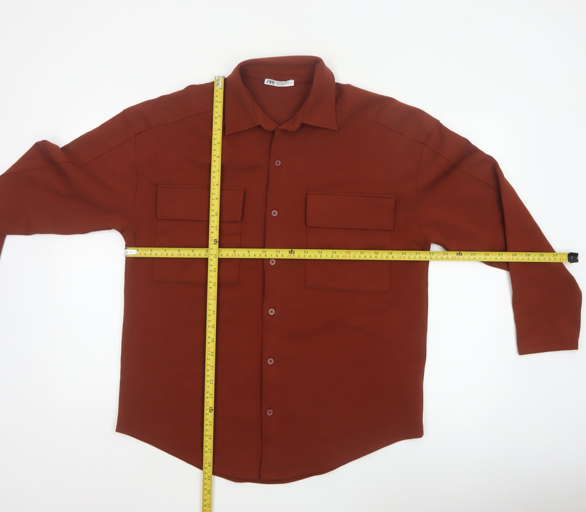 Zara Women Brown S Basic Button-Up Long Sleeve Stretch Pocket Shirt