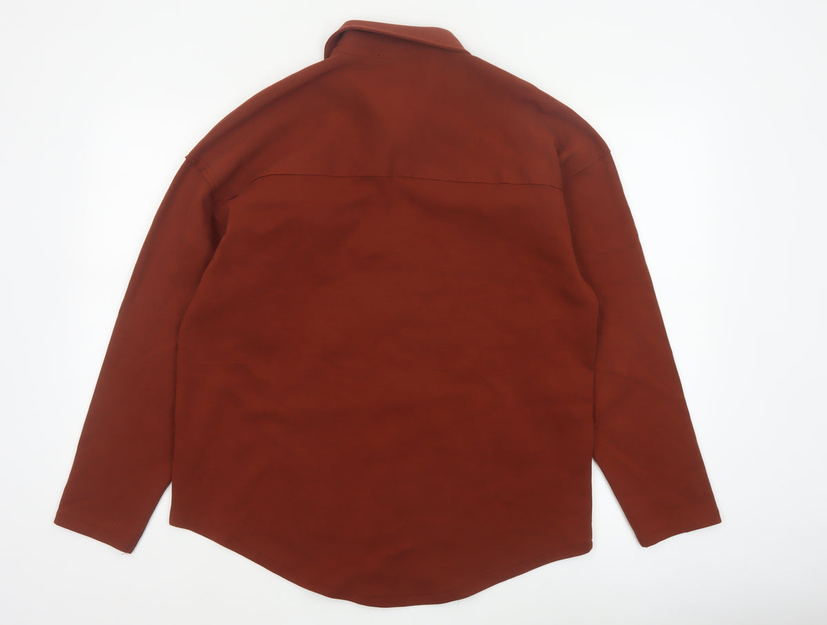 Zara Women Brown S Basic Button-Up Long Sleeve Stretch Pocket Shirt
