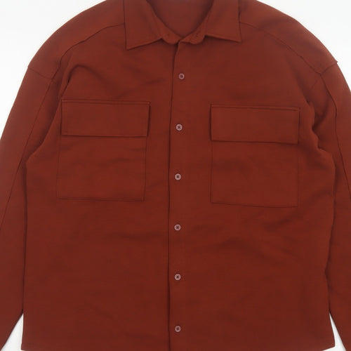 Zara Women Brown S Basic Button-Up Long Sleeve Stretch Pocket Shirt