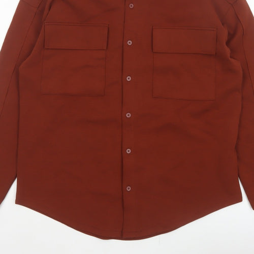 Zara Women Brown S Basic Button-Up Long Sleeve Stretch Pocket Shirt