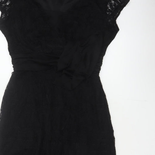 Bm Women’s Black Lace Fit & Flare Midi Dress Size 14 Bow Belted