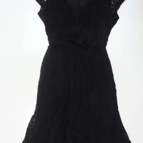 Bm Women’s Black Lace Fit & Flare Midi Dress Size 14 Bow Belted