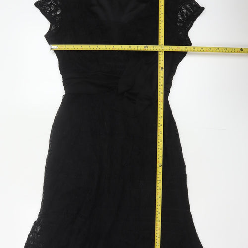 Bm Women’s Black Lace Fit & Flare Midi Dress Size 14 Bow Belted