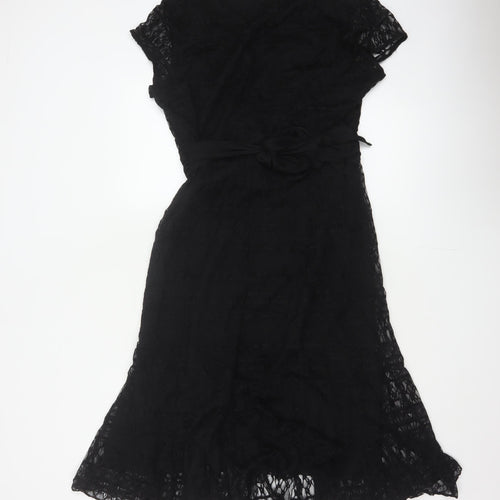 Bm Women’s Black Lace Fit & Flare Midi Dress Size 14 Bow Belted