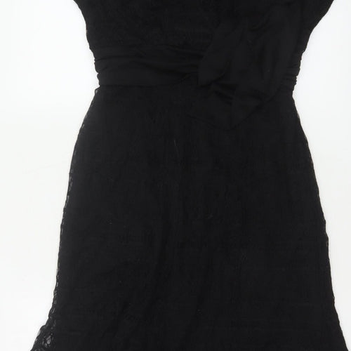Bm Women’s Black Lace Fit & Flare Midi Dress Size 14 Bow Belted
