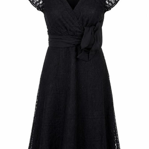 Bm Women’s Black Lace Fit & Flare Midi Dress Size 14 Bow Belted