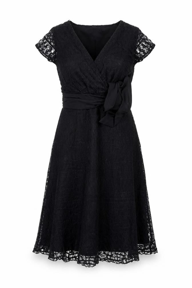 Bm Women’s Black Lace Fit & Flare Midi Dress Size 14 Bow Belted