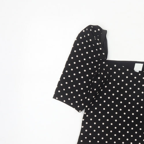 H&M Women Black M Basic Polka Dot Square Neck Puff Sleeve Blouse