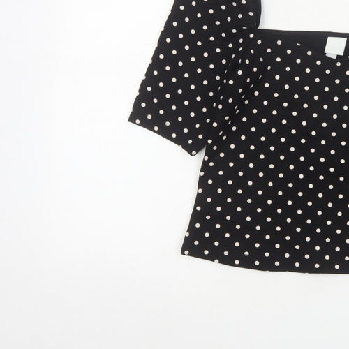H&M Women Black M Basic Polka Dot Square Neck Puff Sleeve Blouse