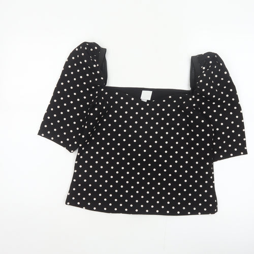 H&M Women Black M Basic Polka Dot Square Neck Puff Sleeve Blouse