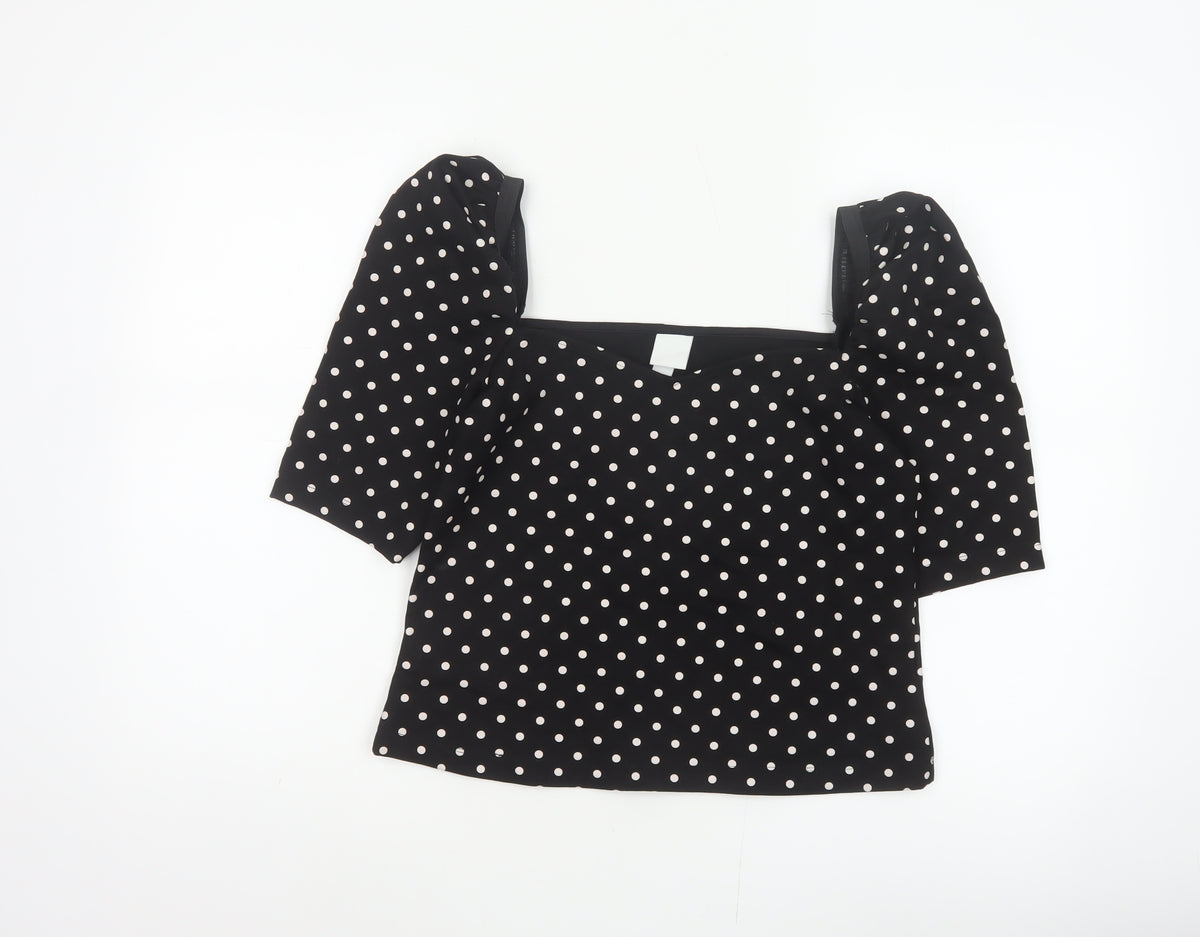 H&M Women Black M Basic Polka Dot Square Neck Puff Sleeve Blouse