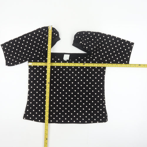 H&M Women Black M Basic Polka Dot Square Neck Puff Sleeve Blouse