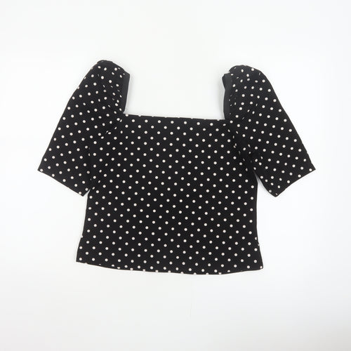H&M Women Black M Basic Polka Dot Square Neck Puff Sleeve Blouse