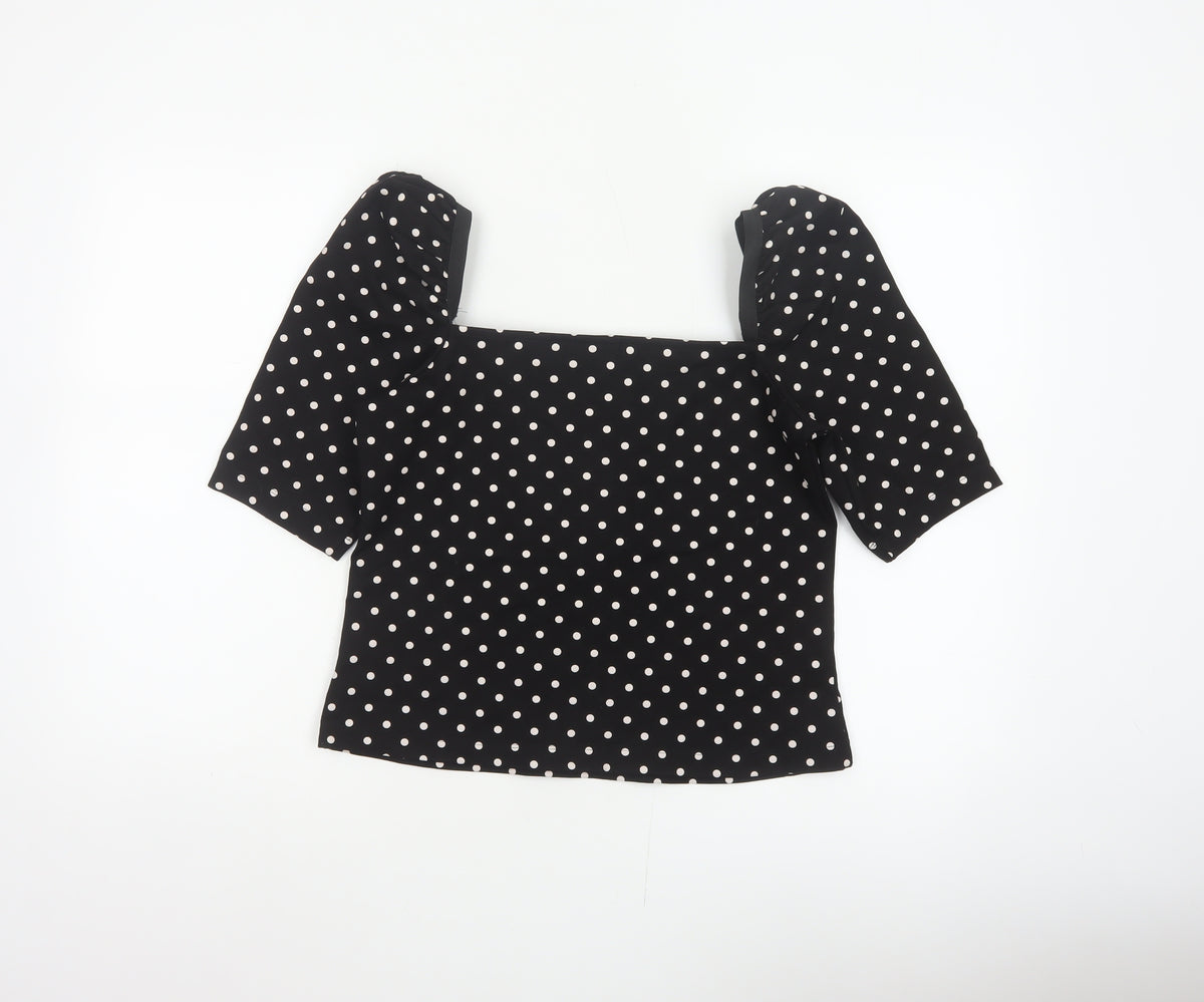 H&M Women Black M Basic Polka Dot Square Neck Puff Sleeve Blouse