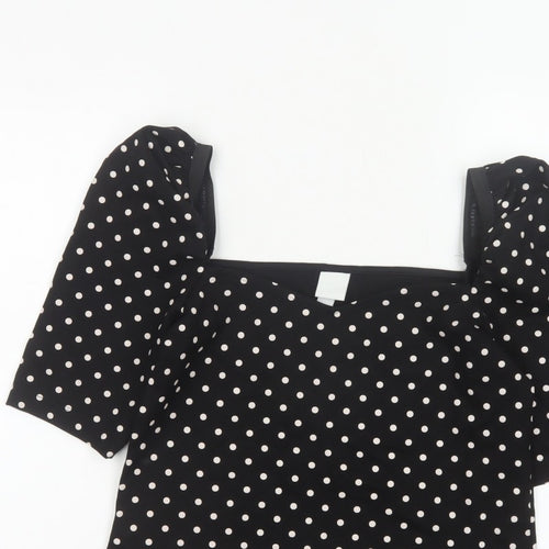 H&M Women Black M Basic Polka Dot Square Neck Puff Sleeve Blouse