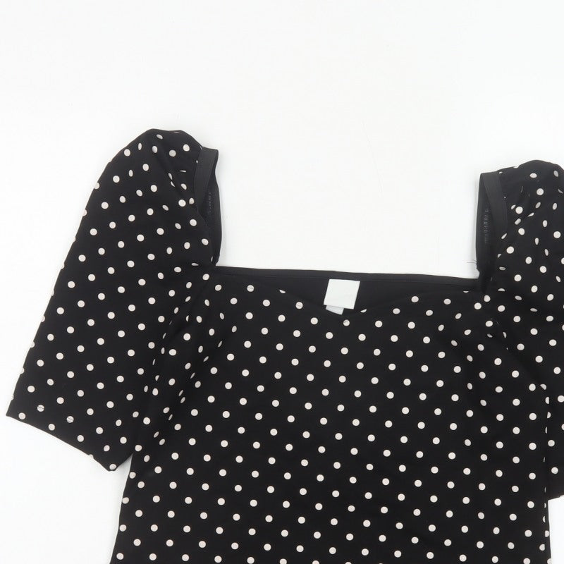 H&M Women Black M Basic Polka Dot Square Neck Puff Sleeve Blouse