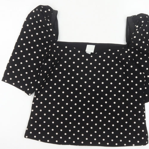 H&M Women Black M Basic Polka Dot Square Neck Puff Sleeve Blouse