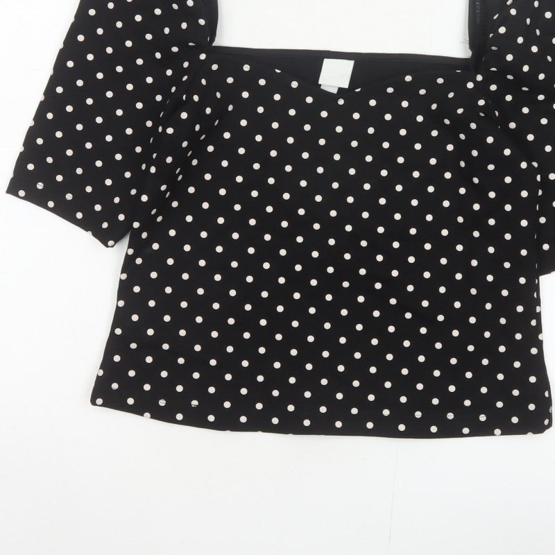 H&M Women Black M Basic Polka Dot Square Neck Puff Sleeve Blouse