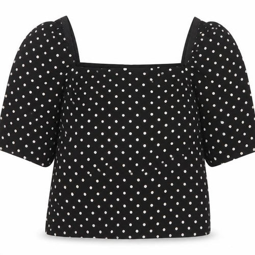 H&M Women Black M Basic Polka Dot Square Neck Puff Sleeve Blouse