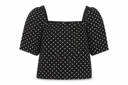 H&M Women Black M Basic Polka Dot Square Neck Puff Sleeve Blouse