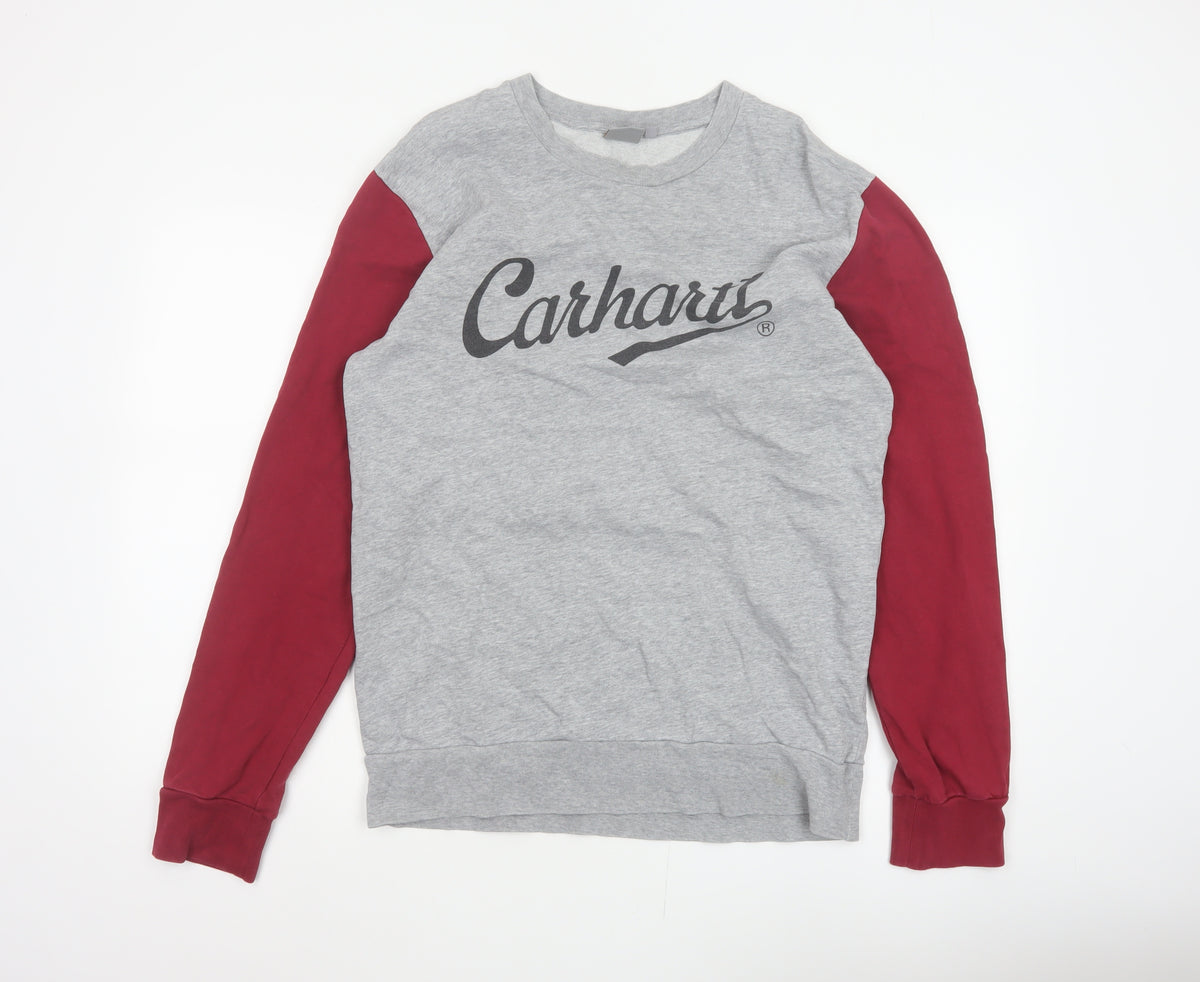 Back view of Carhartt Men Grey Burgundy M Pullover Logo Crew Neck Sweatshirt