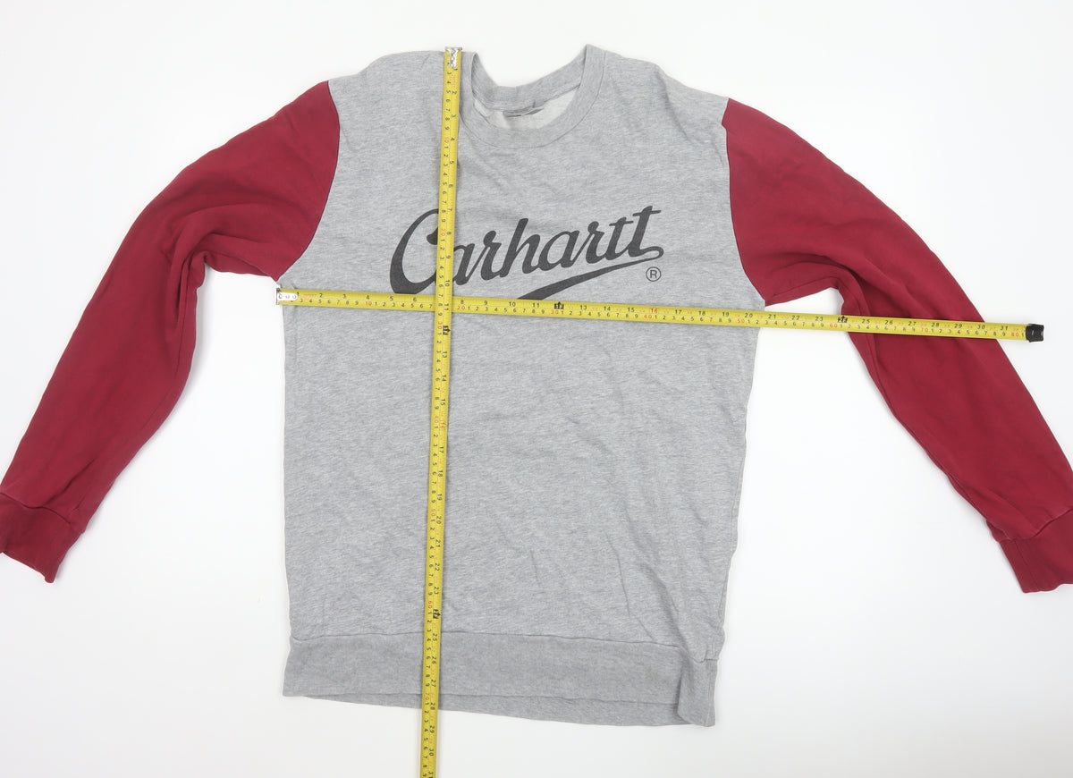 Close-up detail of Carhartt Men Grey Burgundy M Pullover Logo Crew Neck Sweatshirt