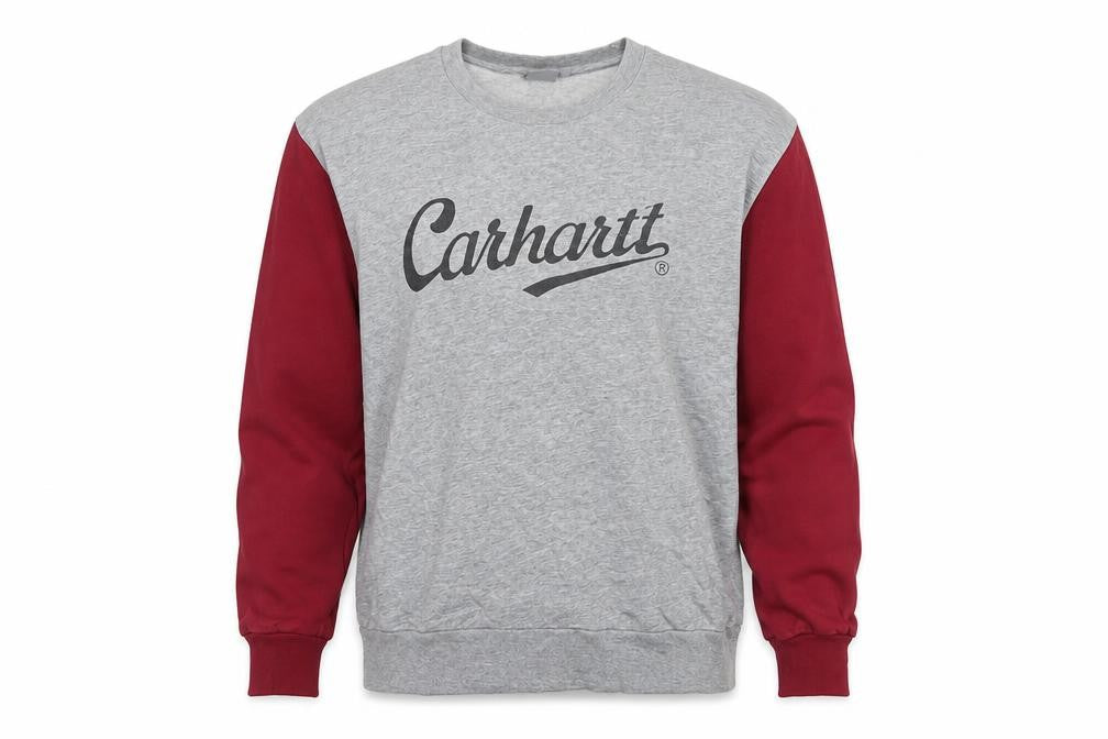 Front view of Carhartt Men Grey Burgundy M Pullover Logo Crew Neck Sweatshirt