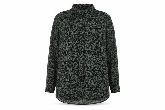 Mint Velvet Women Green Leopard Print Button-Up Blouse Size 18 Long Sleeve