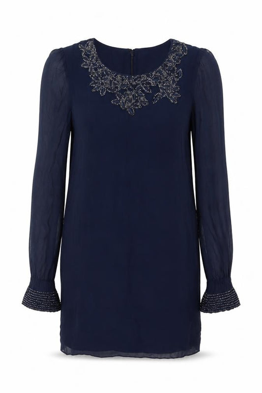 Front view of French Connection Women Blue UK 12 Beaded Chiffon Shift Dress