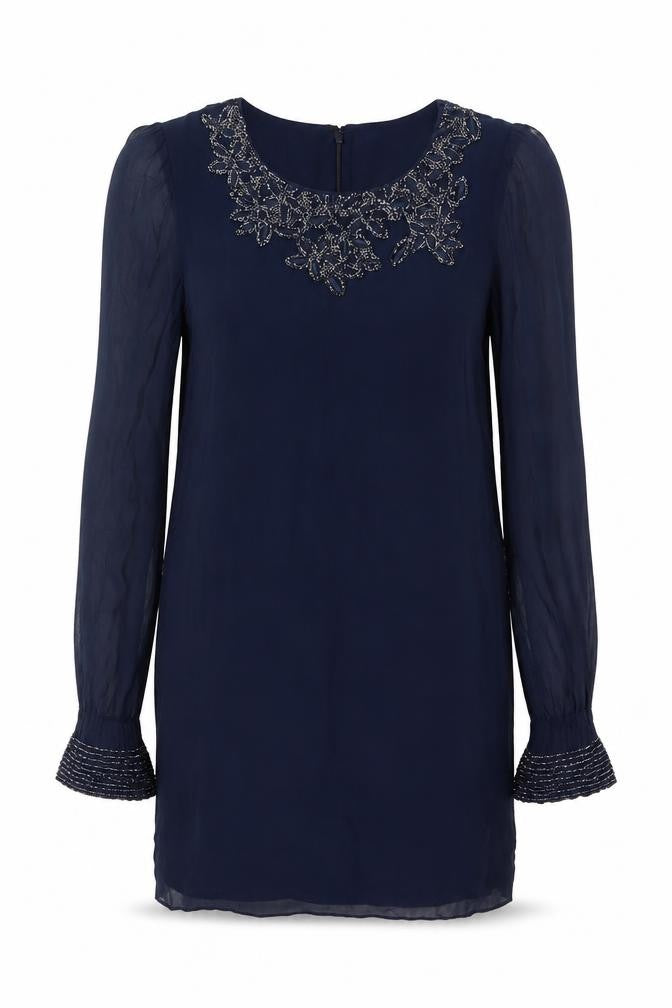 French Connection Women Blue UK 12 Beaded Chiffon Shift Dress