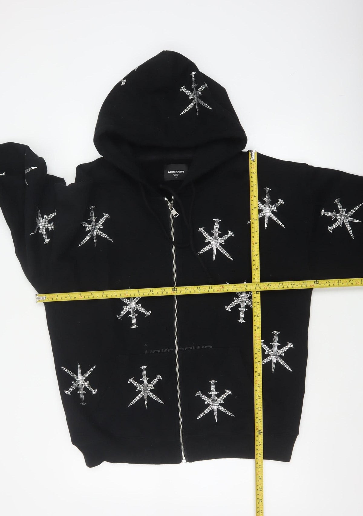 Close-up detail of Unknown Men’s Black M Full Zip Rhinestone Gothic Hoodie
