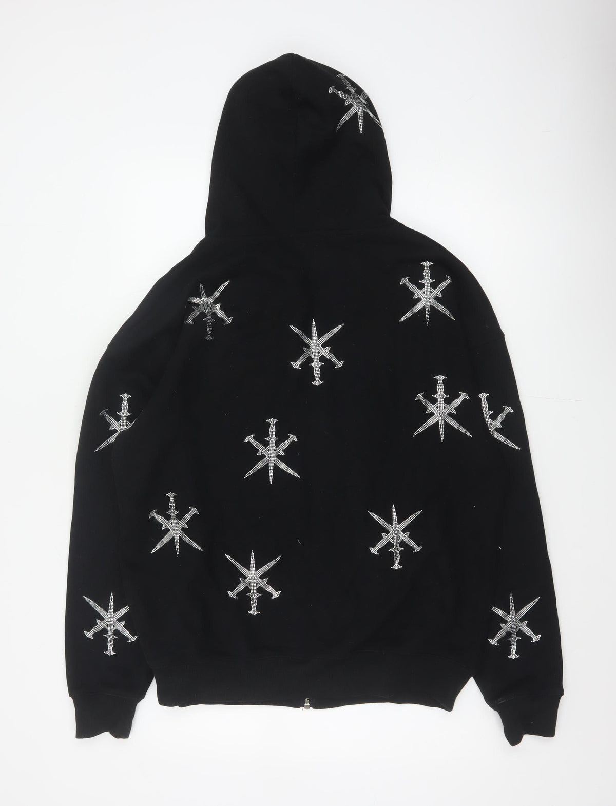 Brand and care label for Unknown Men’s Black M Full Zip Rhinestone Gothic Hoodie