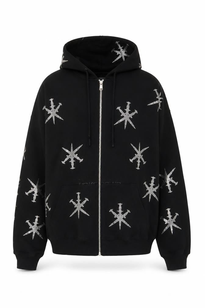 Front view of Unknown Men’s Black M Full Zip Rhinestone Gothic Hoodie